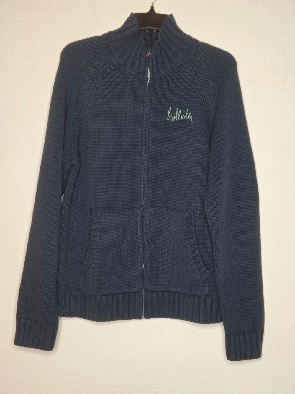 Hollister Men’s Navy Mock Neck Full Zip Preppy Logo Sweater Size Large L
